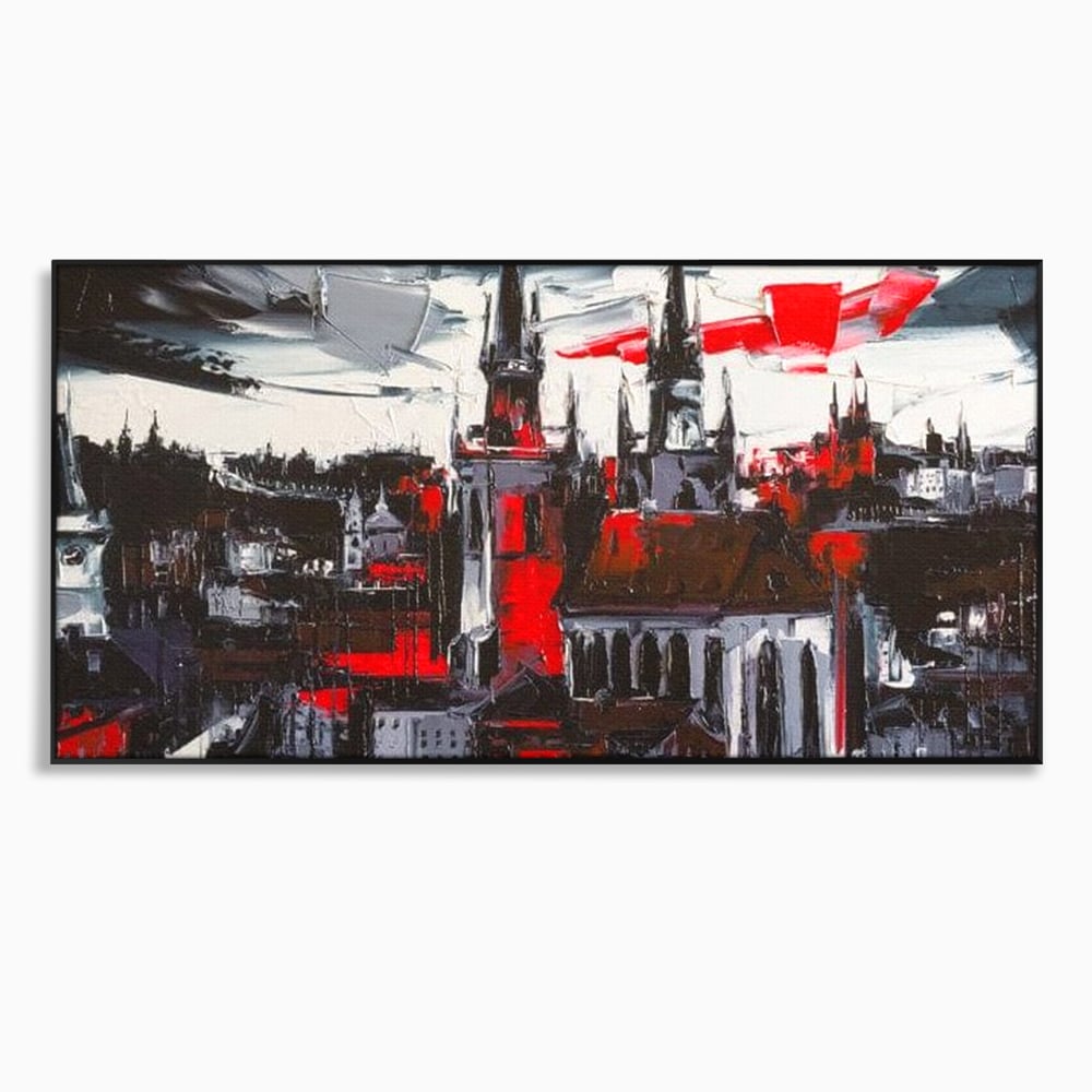 Tablou canvas cu pictura canvas cu turle gotice si accente rosii, in rama de aluminiu negru